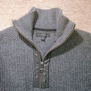 Banana Republic Sweater Mens Large Quarter Zip Gray Knit Waffle Mock Neck Preppy